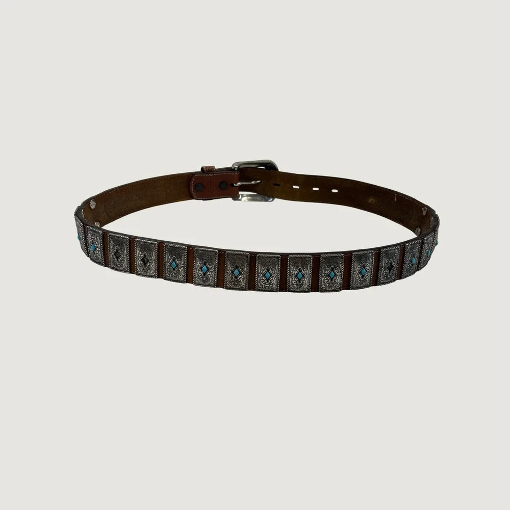 Leather Belt Unisex 34 Brown Handtooled Western Turquoise Concho Silver Buckle